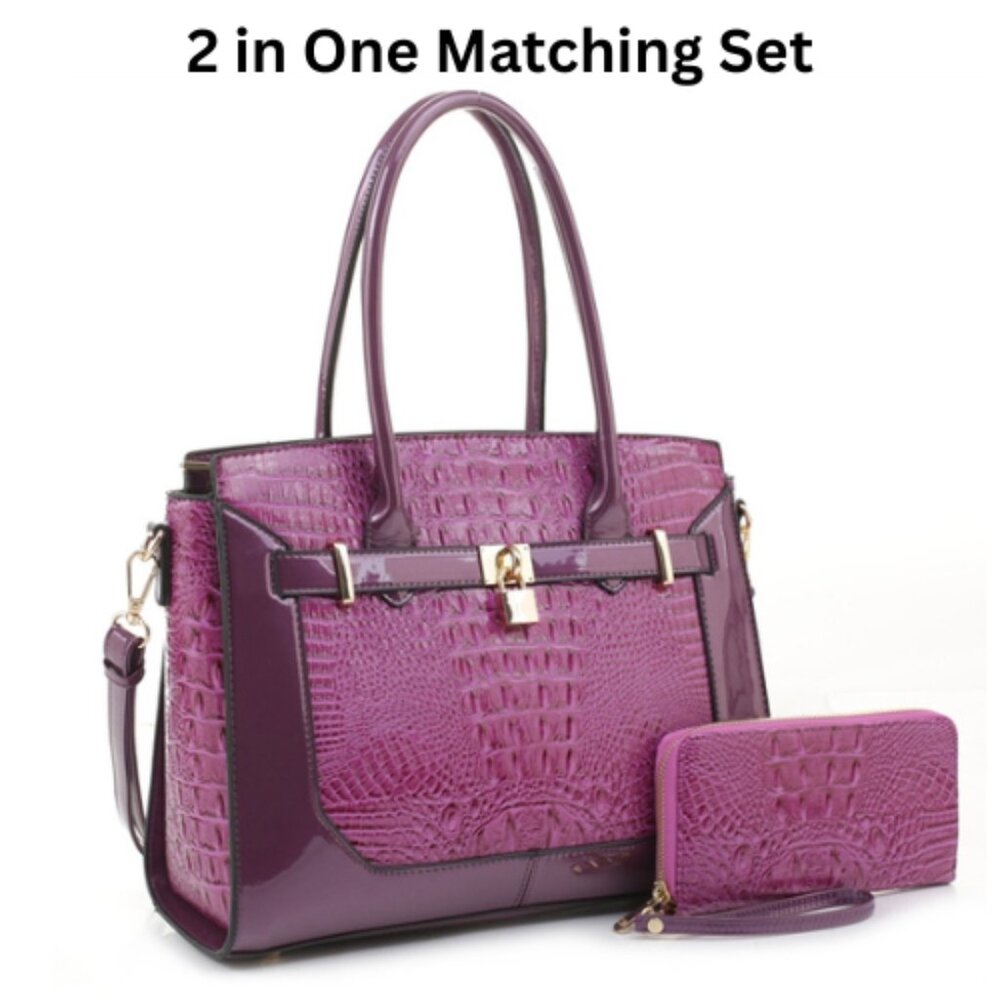 2-in-1 Matching Set, Long Handle Crocodile Skin Satchel & Wallet Large Capacity